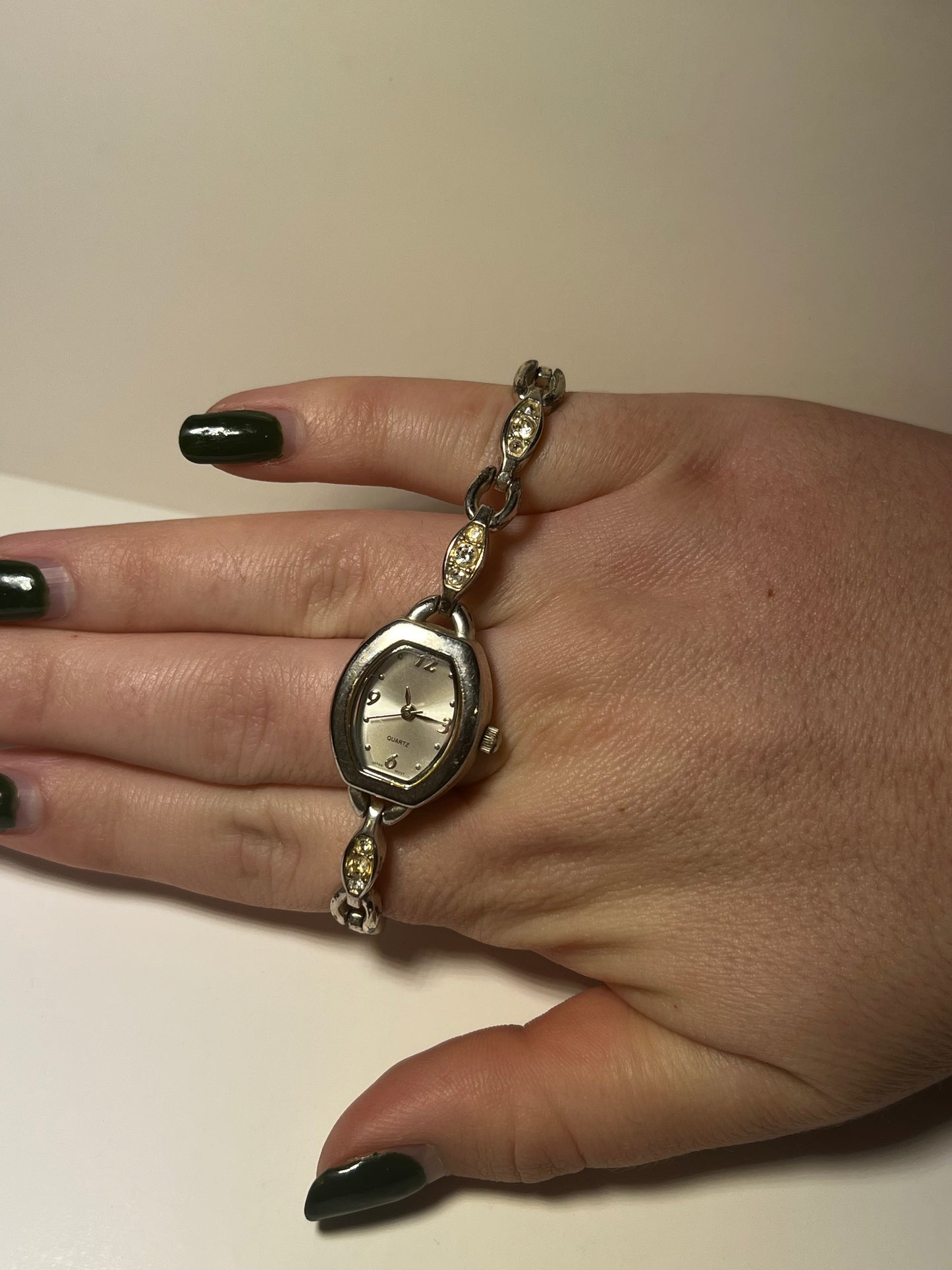 7” Vintage Silver Watch w Diamonds